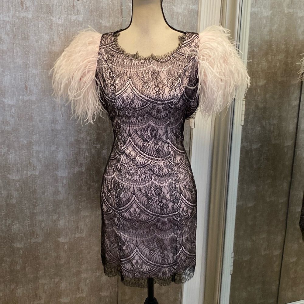 Keemia ostrich trim /lace/silk coctail dress, XS